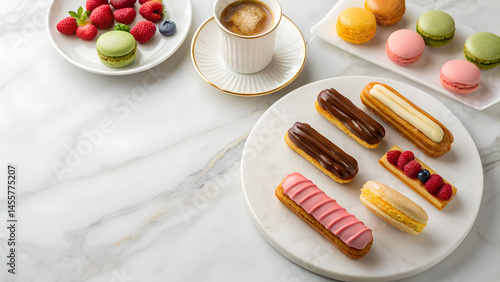 French dessert setup: assorted éclairs, macarons, and pastries on a marble table with soft natural light.