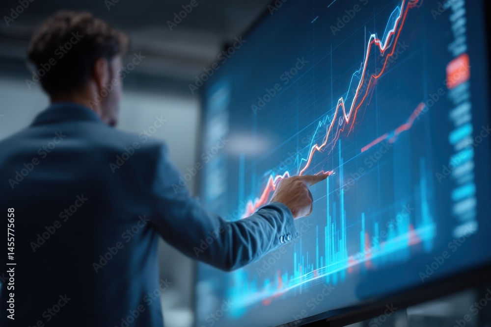 Businessman Analyzing Financial Stock Market Trends on Digital Screen with Graphs and Data Representations in Modern Professional Office Environment Businessman Analyzing Financial Stock Market Trends on Digital Screen with Graphs and Data Representations in Modern Professional Office Environment