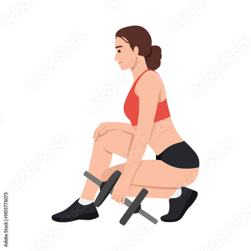 Fit woman is squatting while holding a dumbbell, ready to begin her strength training exercise. Flat vector illustration isolated on white background