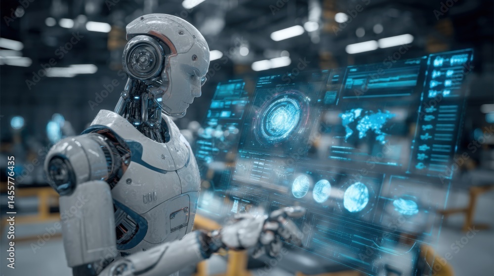 Futuristic Robot Standing in Front of Computer Screen Displaying Data Visualizations in a Modern Office Environment with a Tech Savvy Ambiance and Vibe Futuristic Robot Standing in Front of Computer Screen Displaying Data Visualizations in a Modern Office Environment with a Tech Savvy Ambiance and Vibe