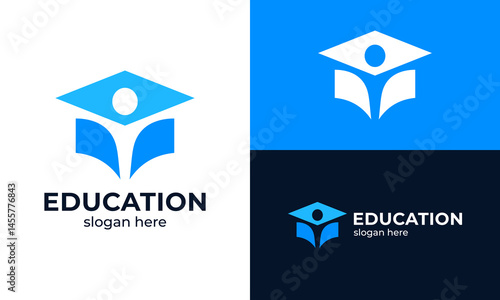 Education logo design. College, Campus, Graduation cap abstract Vector design with happy people pose symbol graphic icon