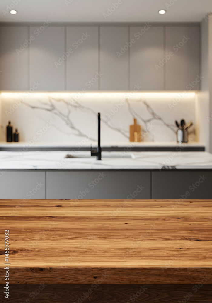 Wooden Table with Marble Countertop in Luxurious Kitchen, Perfect for Premium Ingredients Wooden Table with Marble Countertop in Luxurious Kitchen, Perfect for Premium Ingredients