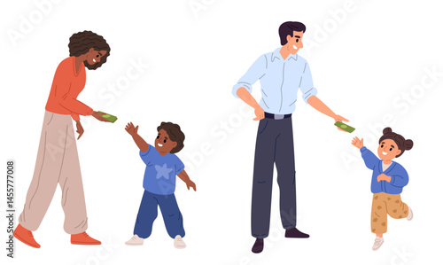 Young mother and father give their children pocket money. Financial literacy. Parents support boy and girl. Kids earnings and savings. Son and daughter receive banknotes. Vector concept