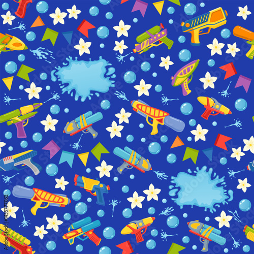 Water guns seamless pattern. Plastic summer toys. Funny repeated print. Weapon liquid splashes. Pump pistols. Aqua party. Songkran wet blaster. Kids handguns. Recent vector background