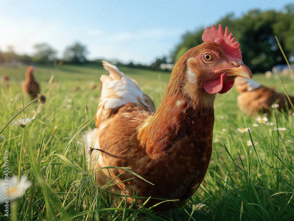 Fototapeta premium Free range chicken exploring green pasture on sunny day