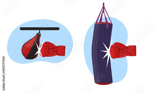 Red boxing glove hitting punching bag. Boxer training. Combat competitive sport. Kickboxers workout. Fist beating sportive equipment. Kickboxing attack. Sportsman exercise. Vector concept