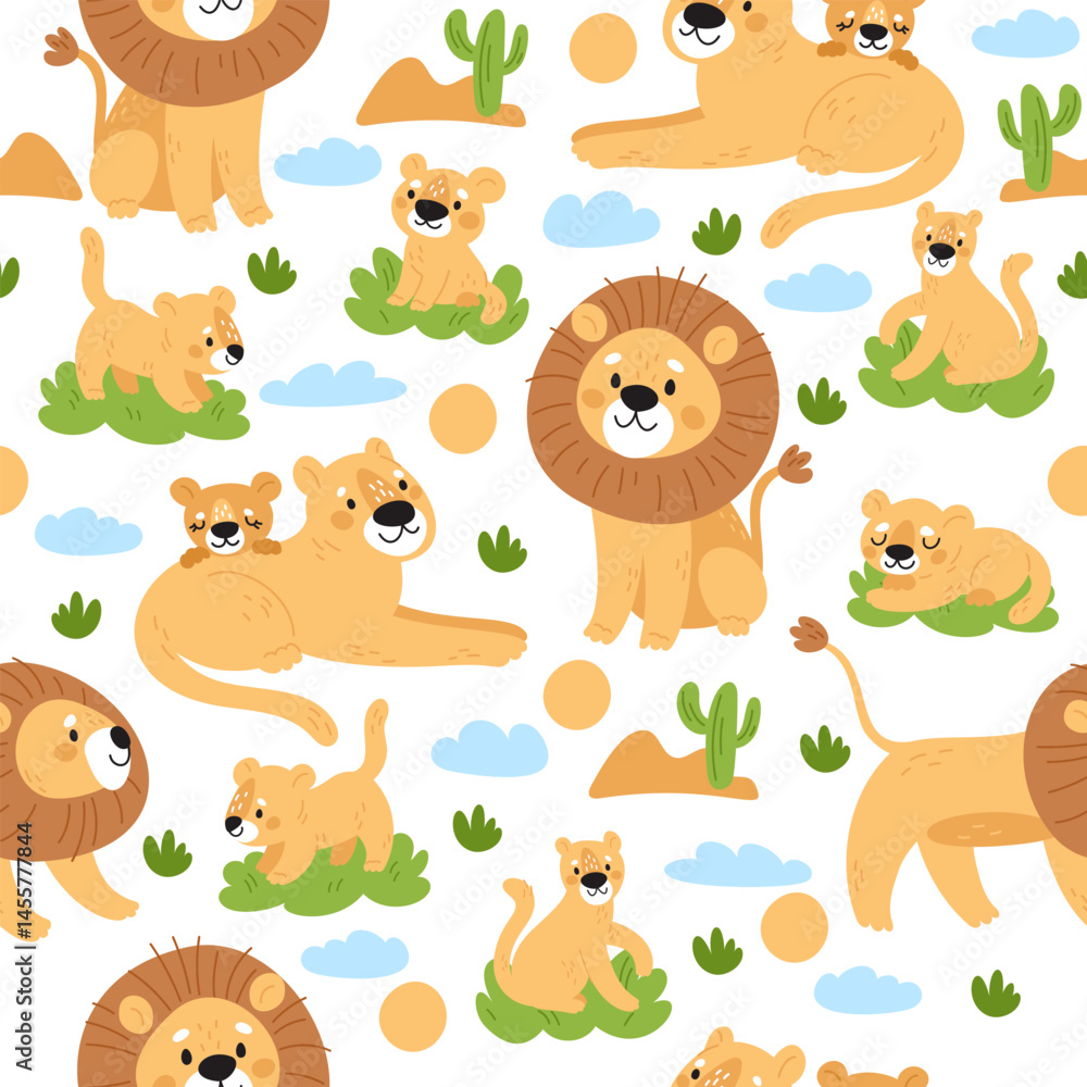 Lions seamless pattern. Lionesses and little cubs. African nature. Predators of feline family. Repeated kids print. Safari mammals. Cute leo pride. Savannah fauna. Vector background Lions seamless pattern. Lionesses and little cubs. African nature. Predators of feline family. Repeated kids print. Safari mammals. Cute leo pride. Savannah fauna. Vector background