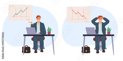 Happy and sad businessman from rising and falling chart. Business success and failure infographic. Man sitting at computer table. Startup project growth. Stock exchange. Vector concept