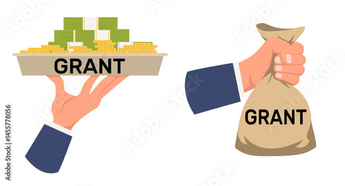 Hands hold grant money for education or medical treatment. Finance bag. Banking investment and charity donation. Dollar banknotes on tray. Financial help. Scholarship fund. Vector concept