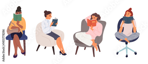 Girls in armchairs read books or magazines. Women sitting on chairs. Cozy sofa. Student learning textbook knowledge. People relax with literature in library. Vector female readers set