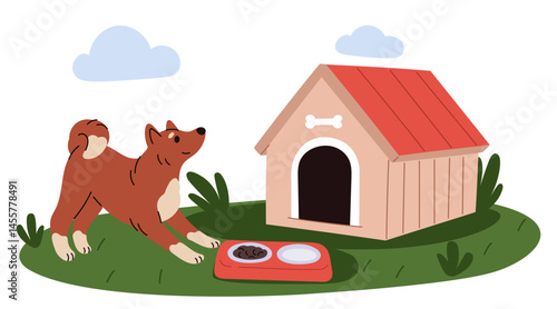 Contented dog eats food near booth in countryside. Vector concept Doggy kennel with feeder bowl. Happy pet. Domestic animal in house yard. Care of puppy. Village doghouse. Vector concept
