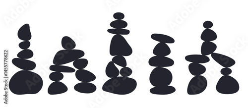 Balancing smooth stones. Black silhouette pebble pyramids. Rounded gravel shapes. Natural boulders. Spa cobblestones heap. Zen calm and harmony. Stony tower. Vector granite rock piles set