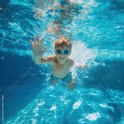 Happy child waving hand while swimming underwater in pool