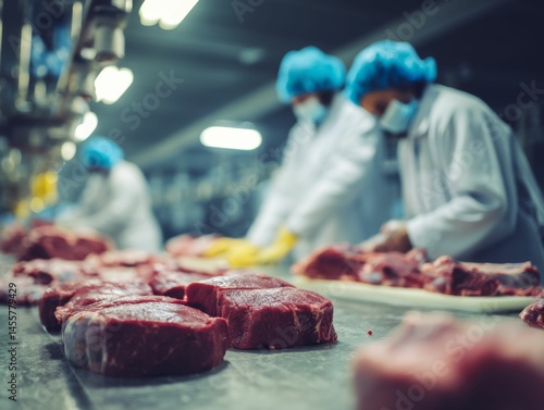 hygienic meat preparation in a professional butchery facility with workers wearing protective gear, cutting meat for market