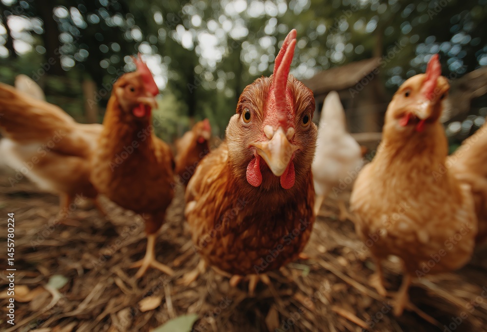 Fototapeta premium Curious Chickens on a Free Range Farm Pecking Toward the Camera in a Rustic Backyard Setting, Close Up View of Brown Hens in Natural Environment with Coop in the Background and Organic Farm Atmosphere