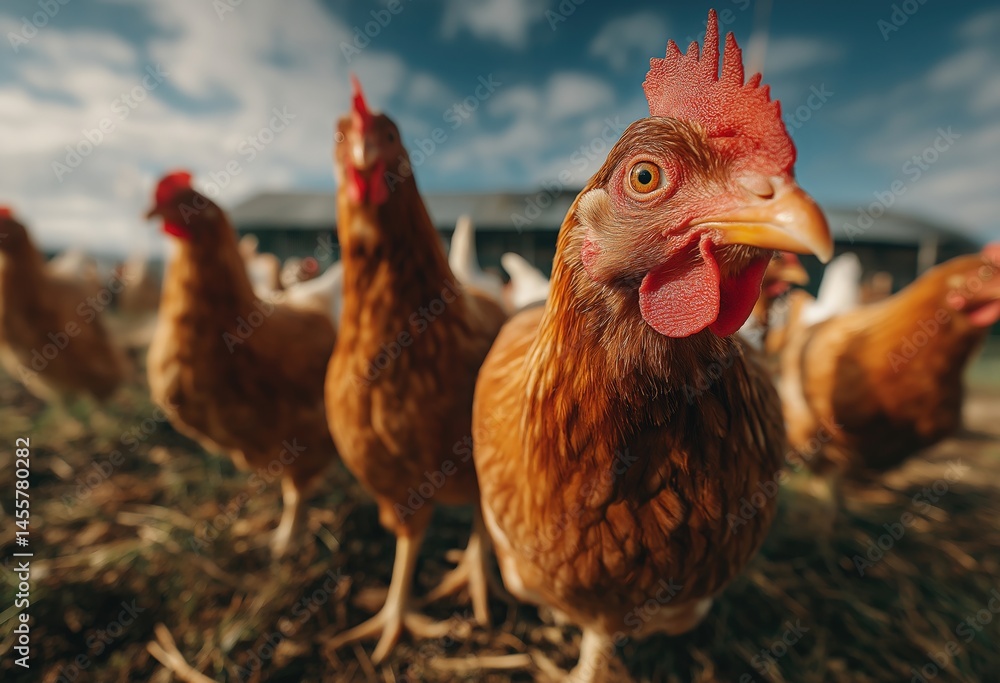 Fototapeta premium Curious Chickens on a Free Range Farm Pecking Toward the Camera in a Rustic Backyard Setting, Close Up View of Brown Hens in Natural Environment with Coop in the Background and Organic Farm Atmosphere