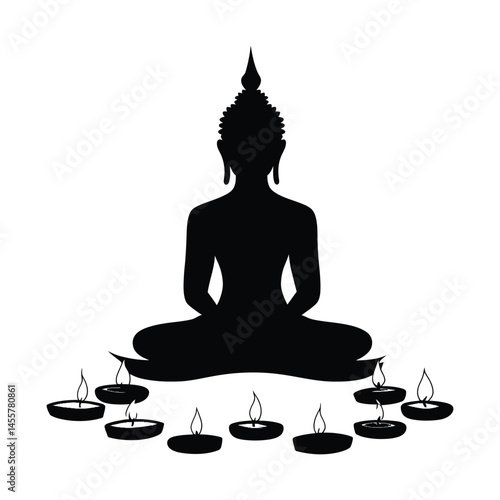 Buddha statue surrounded by candles simple minimal vector silhouette