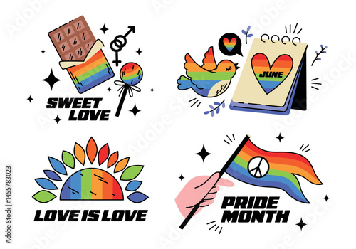 Set of rainbow illustration of Pride LGBTQIA in retro cartoon style. Groovy vector art, symbol of love and friendship, pride June month celebrate, support, freedom, tolerance, equal, gay, lesbian.