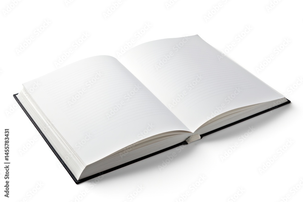 An open blank book lying flat with crisp white pages, a smooth spine, and a minimalistic design An open blank book lying flat with crisp white pages, a smooth spine, and a minimalistic design