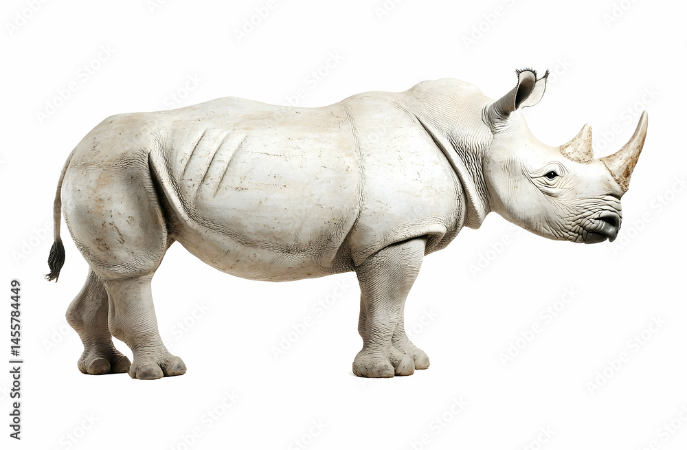 Fototapeta premium Standing Rhinoceros Against White Background Isolated Image
