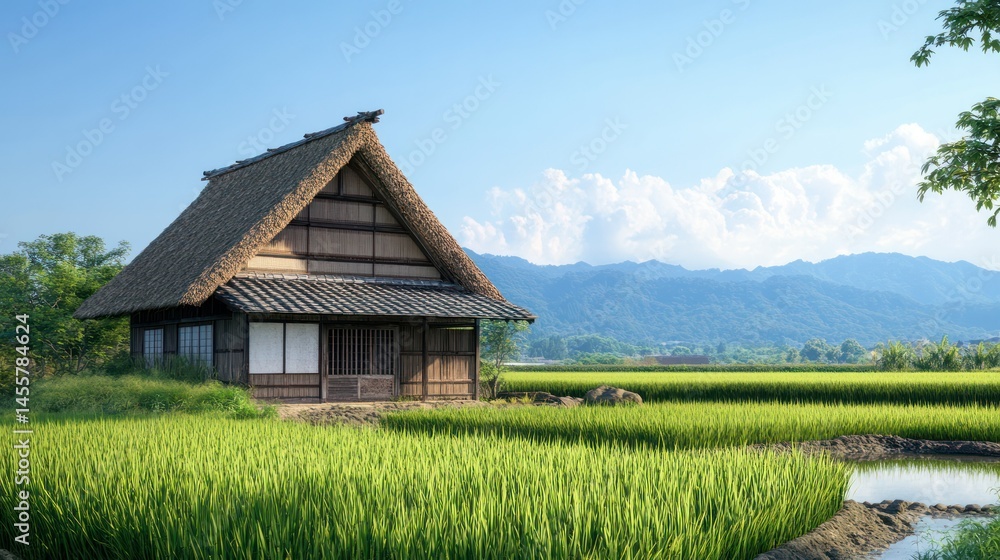 Traditional Southeast Asian thatched-roof wooden house surrounded by lush green rice paddies and distant mountains under clear blue sky du daytime Traditional Southeast Asian thatched-roof wooden house surrounded by lush green rice paddies and distant mountains under clear blue sky du daytime