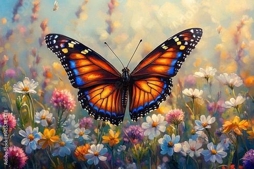 Dreamlike Monarch butterfly flight in wildflower meadow. Impressionistic art for spring designs, nature promotions, serene backgrounds. Stained-glass wings, bokeh.
