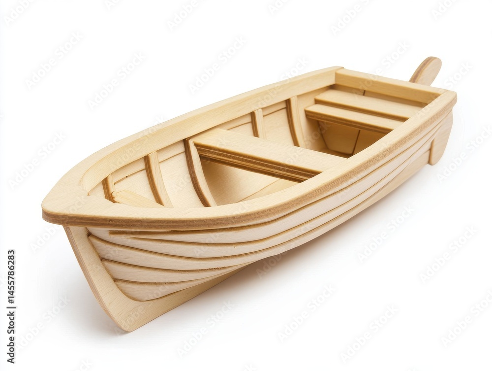 Fototapeta premium Light Brown Wooden Model Boat on White Background