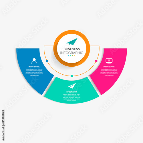 Business infographic semi circle template with 3 options. Can be used as a chart, workflow layout, diagram, data visualization, minimalistic web banner.