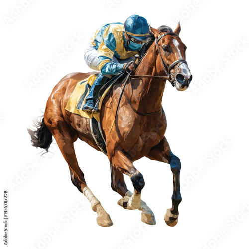 Dynamic Horse Racing Scene: Jockey and Horse in Action , isolated on white background