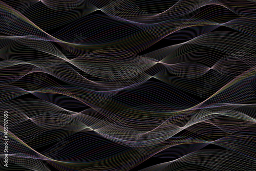Abstract design of wavy lines in gold and yellow colors, contrasted with dark background, to create a sense of depth and movement.