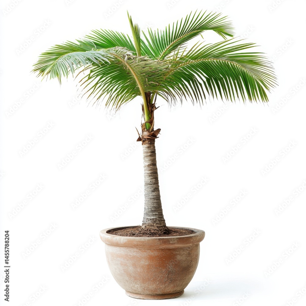 Obraz premium Lush Green Palm Tree in Terracotta Pot on White Background