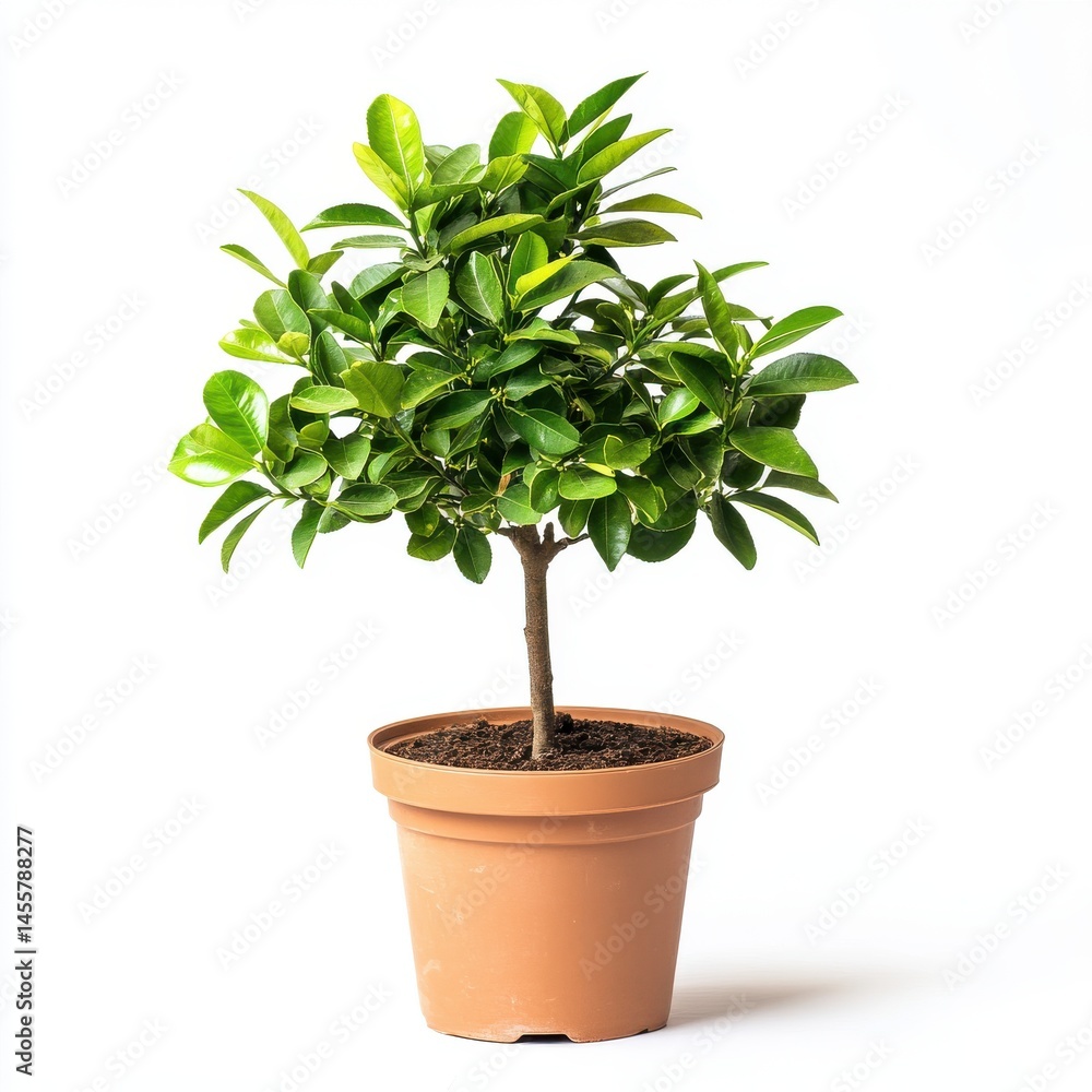 Fototapeta premium Lush Green Potted Citrus Tree on White Background
