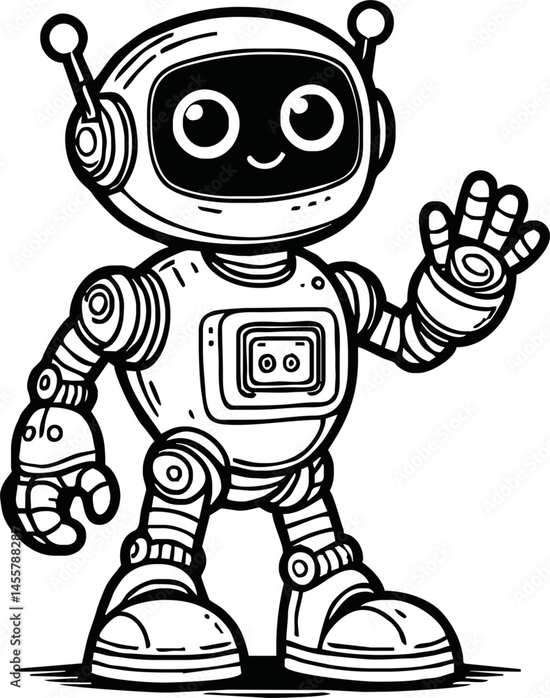 Obraz premium black and white line art vector cartoon friendly robot isolated for coloring page.A robot cartoon cute fun alien mascot character man illustrations