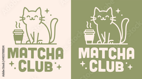 Matcha club latte cat lovers squad green tea retro vintage groovy aesthetic badge sticker shirt design logo. Funny healthy girl community cute Japanese Korean pet cafe printable gift poster print.