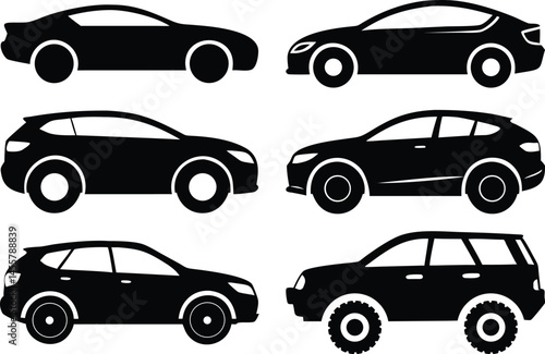 Black cars silhouette collection. Auto hatchbacks side view vehicle transport for web, apps, graphics, icons, and econ design projects. compact futuristic electric flat city car set.