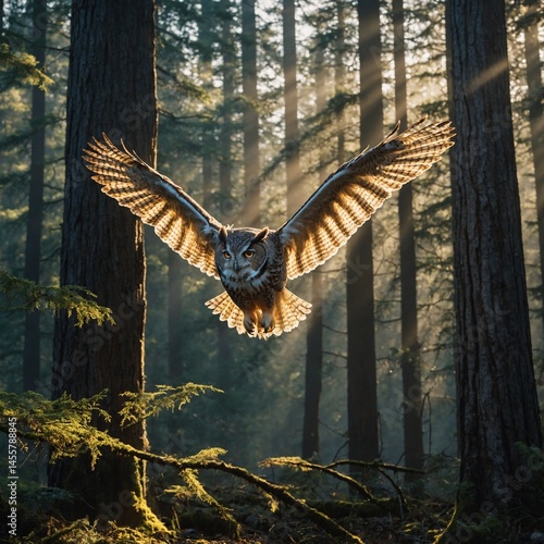 A majestic owl flying over an ancient forest with rays of sunlight piercing the trees


