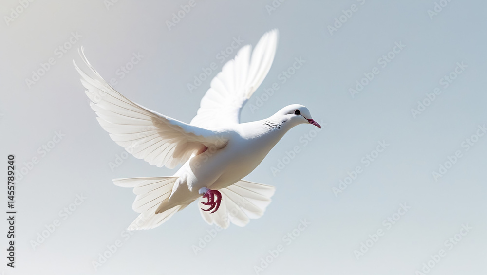 Obraz premium White Pigeon in Flight on White Background Flying Dove Image for Peace and Nature Themes