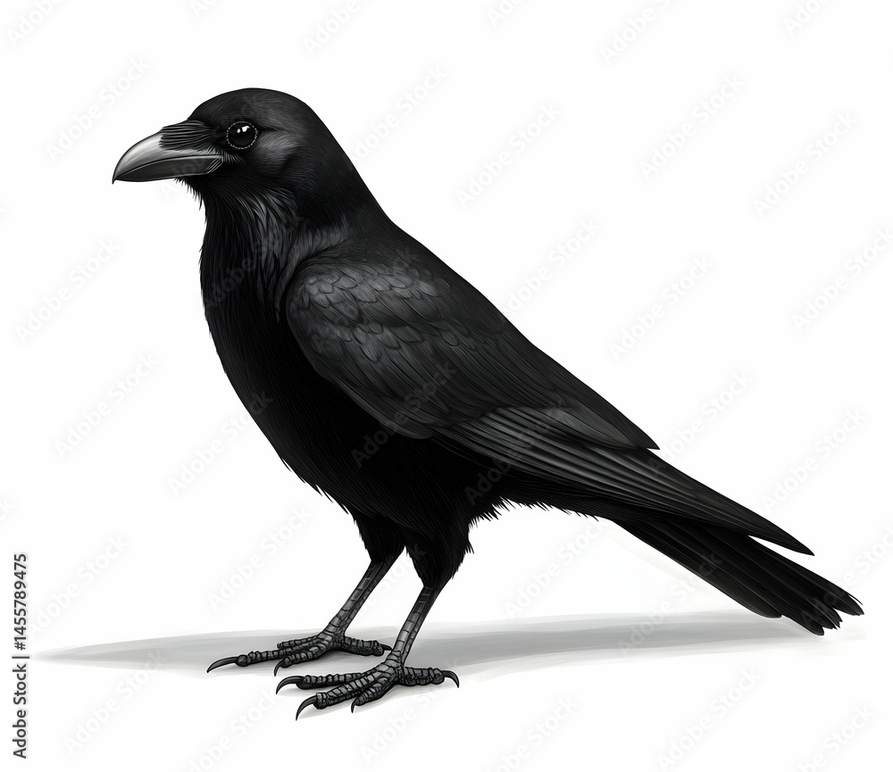 Fototapeta premium Standing Black Raven on a White Background Full Body View