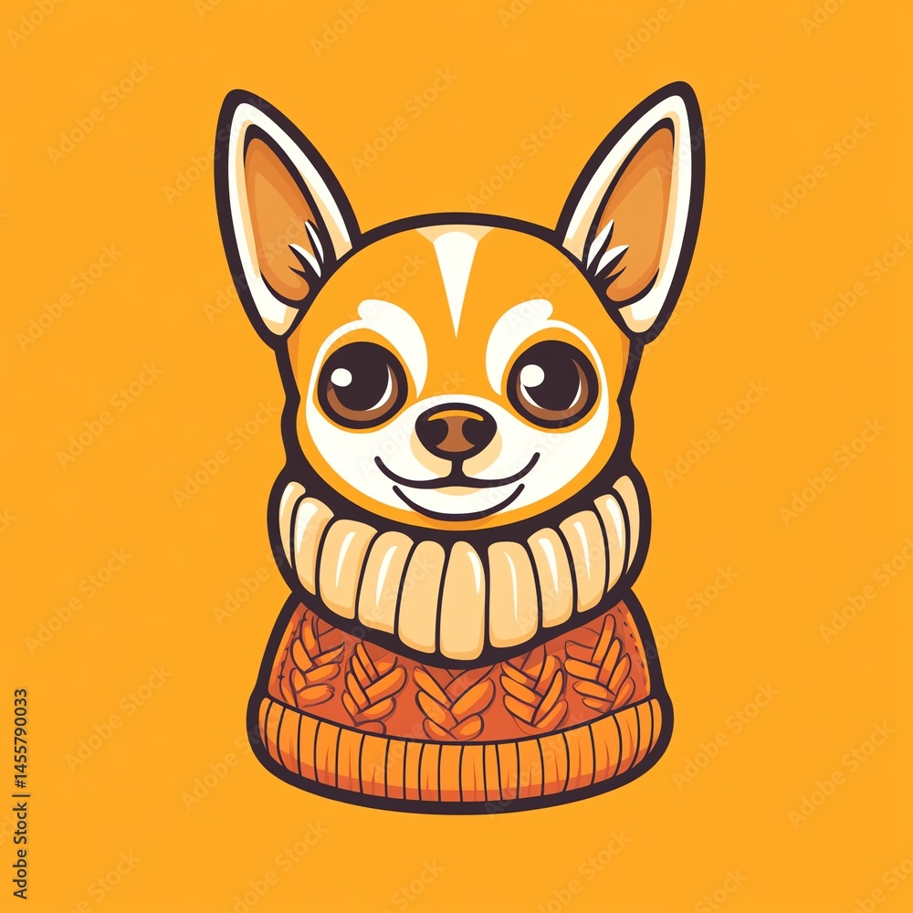 Obraz premium Adorable Chihuahua in a cozy knit sweater, happy expression, against a warm orange background. Perfect for pet apparel!