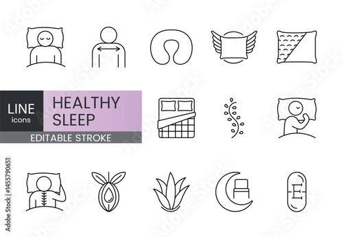 A set of vector icons representing healthy sleep positions, ergonomic pillow types, and natural care features, created in line style with editable stroke