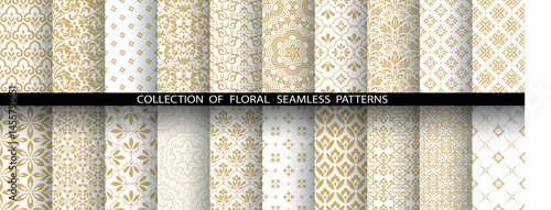 Geometric floral set of seamless patterns. White and golden vector backgrounds. Damask graphic ornaments