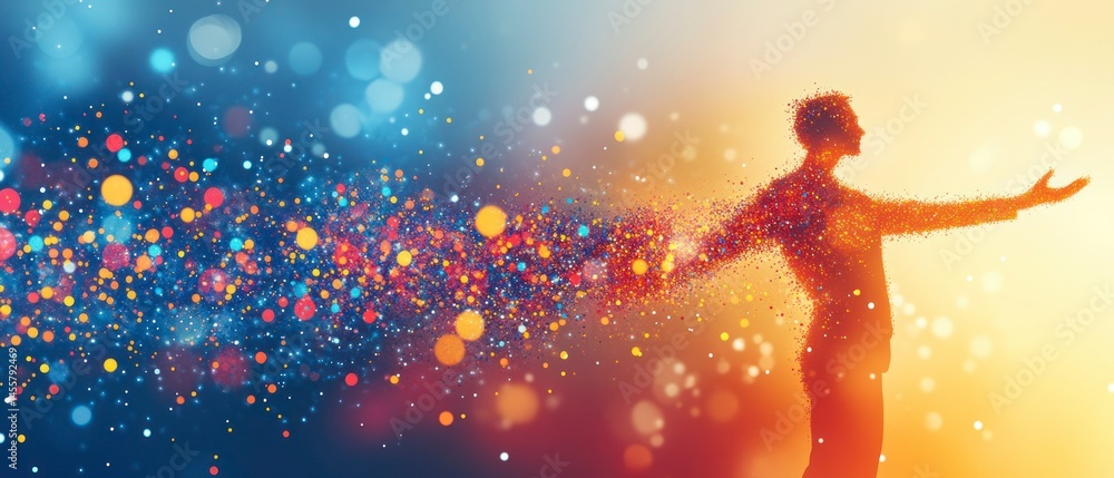 Naklejka premium Silhouette of man, dissolving into particles, extends arms in inspirational gesture representing energy and transformation.