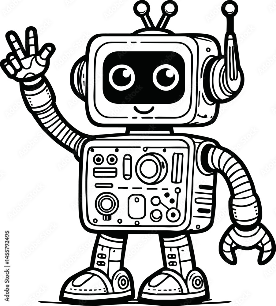 black and white line art vector cartoon friendly robot isolated for coloring page.A robot cartoon cute fun alien mascot character man illustrations black and white line art vector cartoon friendly robot isolated for coloring page.A robot cartoon cute fun alien mascot character man illustrations