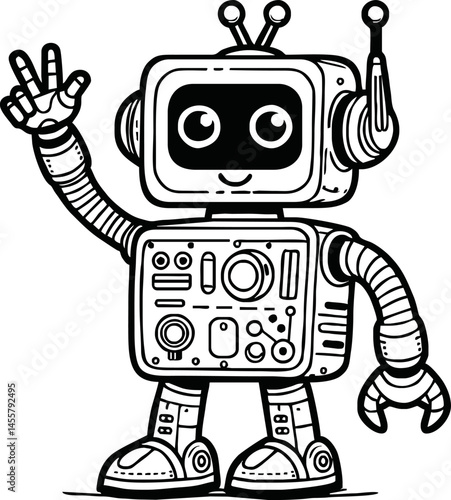 black and white line art vector cartoon  friendly robot isolated for coloring page.A robot cartoon cute fun alien mascot character man illustrations