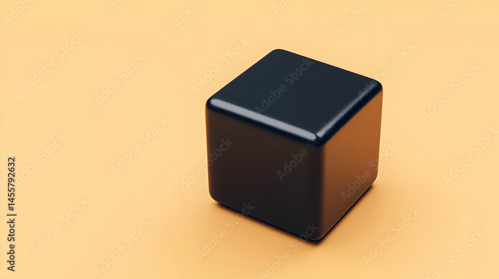 Obraz premium A glossy black cube rests on a pale orange surface. The cube is smooth and well-defined, exhibiting a modern aesthetic