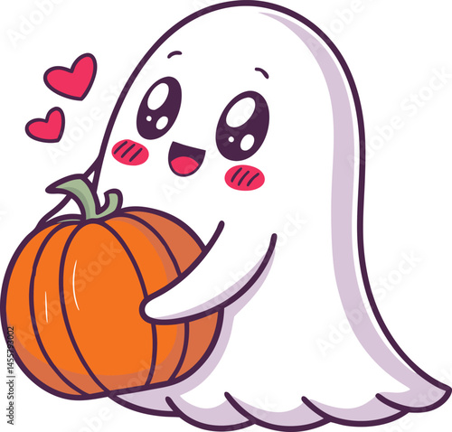 Halloween Spirit: A cute cartoon ghost cuddles a pumpkin, love hearts, embodies Halloween fun, a charming, heartwarming embrace. 