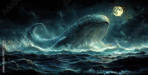 Wallpaper Mural A colossal, ancient sea serpent rises from the depths of the ocean, its scales shimmering in the moonlight. Torontodigital.ca