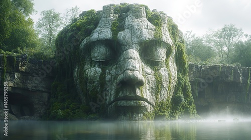 A colossal, ancient statue half-submerged in a misty lake, with moss and vines covering its surface.