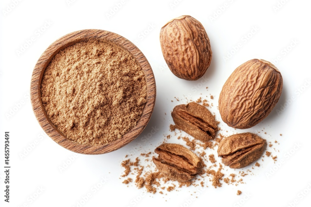 Ground nutmeg spice in wooden bowl with whole nutmegs brown powder food herb warm aroma recipe flavor Ground nutmeg spice in wooden bowl with whole nutmegs brown powder food herb warm aroma recipe flavor