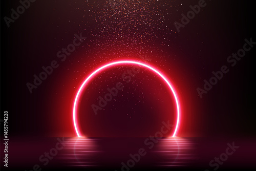 Red neon light arch. Light portal. Glowing door in futuristic style with falling glitter effect. Abstract fairy arc with reflection in water under rain of luxury confetti. Vector illustration.